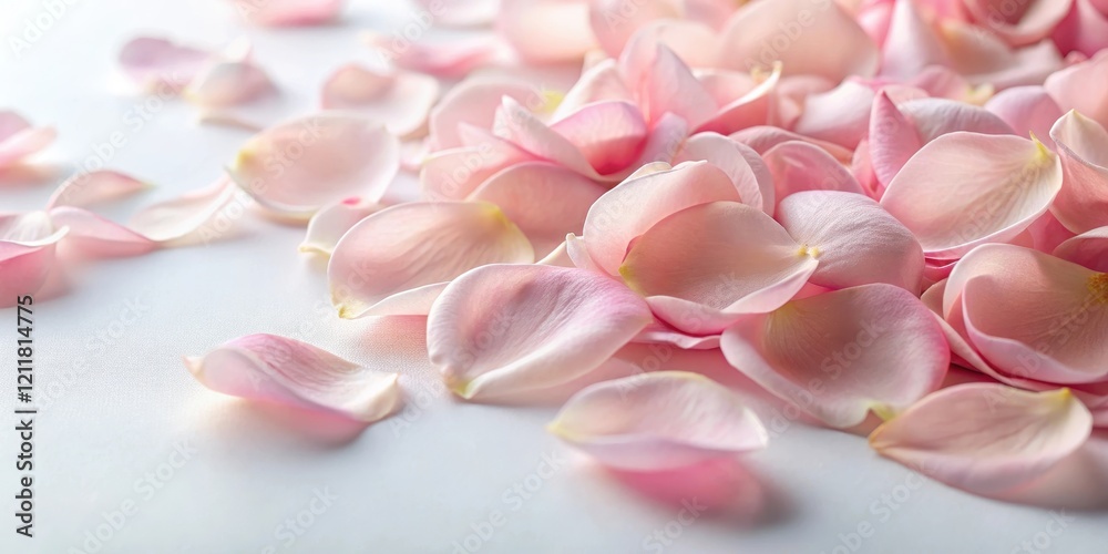 Obraz premium Soft pink rose petals scattered on a white surface, with some of them slightly bent or curled