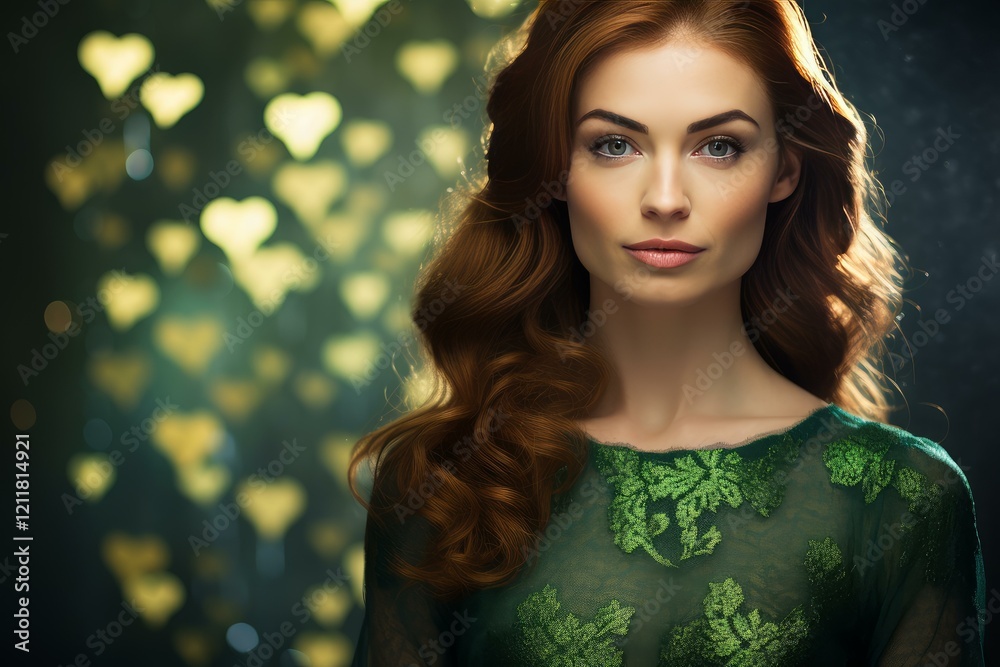 Fototapeta premium Studio portrait of stunning redhead fashion model wearing an elegant green dress, posing against a backdrop of heart shaped bokeh lights