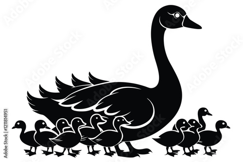 Black and white silhouettes of domestic ducks with ducklings in different poses