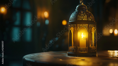 A close-up of an Arabic lantern glowing softly on the table, casting warm light in its surroundings
