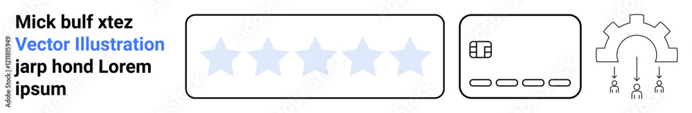 Star rating system, credit card image, and cogwheel with user icons. Ideal for customer reviews, digital transactions, business growth, feedback, e-commerce teamwork user engagement. Landing page Star rating system, credit card image, and cogwheel with user icons. Ideal for customer reviews, digital transactions, business growth, feedback, e-commerce teamwork user engagement. Landing page