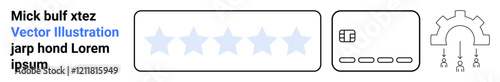 Star rating system, credit card image, and cogwheel with user icons. Ideal for customer reviews, digital transactions, business growth, feedback, e-commerce teamwork user engagement. Landing page