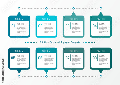 8 options business infographic template, theme of rounded corner square speech bubble, with number and text frame