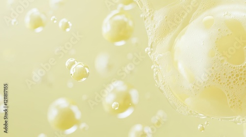 Bubbles Rising in Soft Yellow Liquid with Delicate Foam Texture