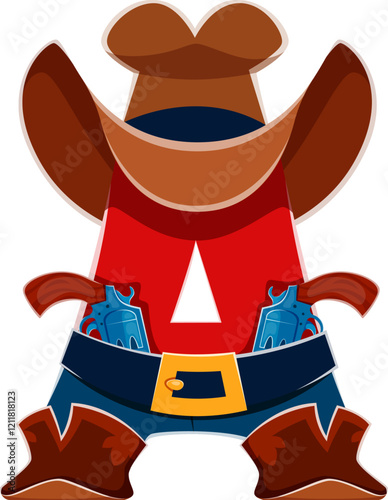 Letter A as Western cowboy font, wild west typeface, type, sheriff English alphabet cartoon complete with hat, boots and guns on a belt. Vector abc character representing a western Texas cowpuncher