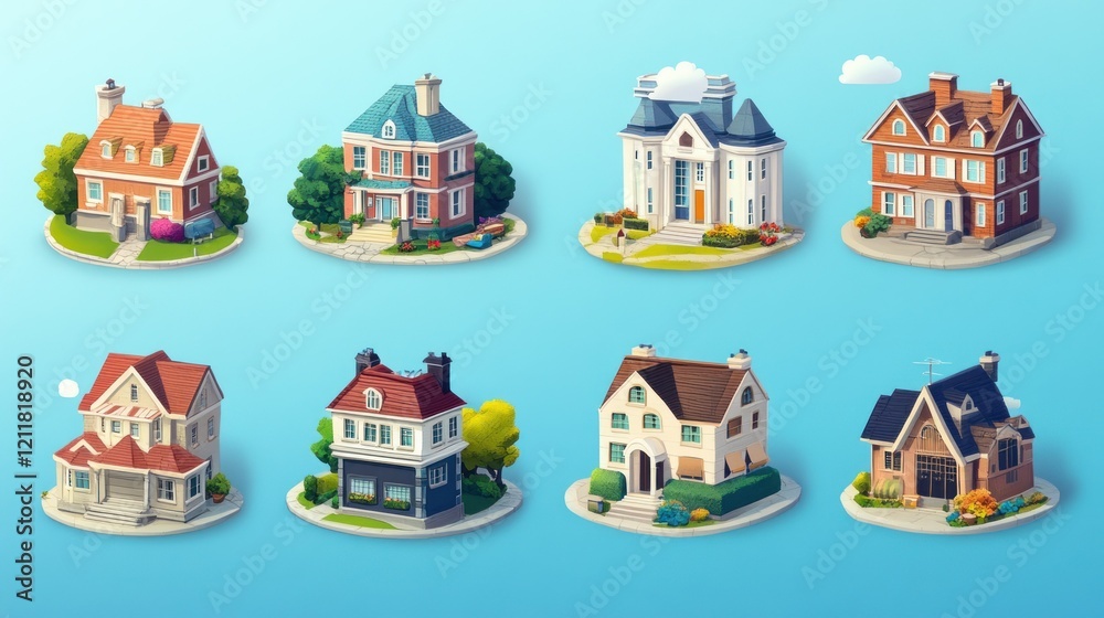 Eight isometric illustrations of charming houses. Eight isometric illustrations of charming houses.