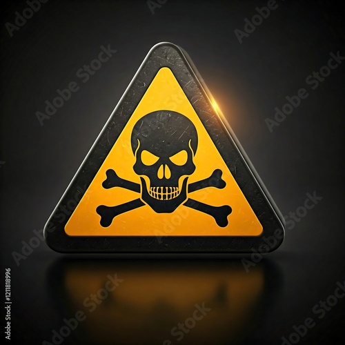A glowing yellow triangular warning sign with a black skull and crossbones, indicating danger or toxicity.