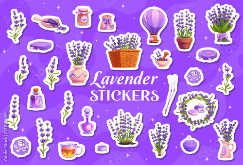 Cartoon stickers pack of lavender flowers and herbal Provence cosmetics, vector icons. Lavender stickers of soap and SPA cream, French aromatherapy candles and oil essence with air balloon and tea