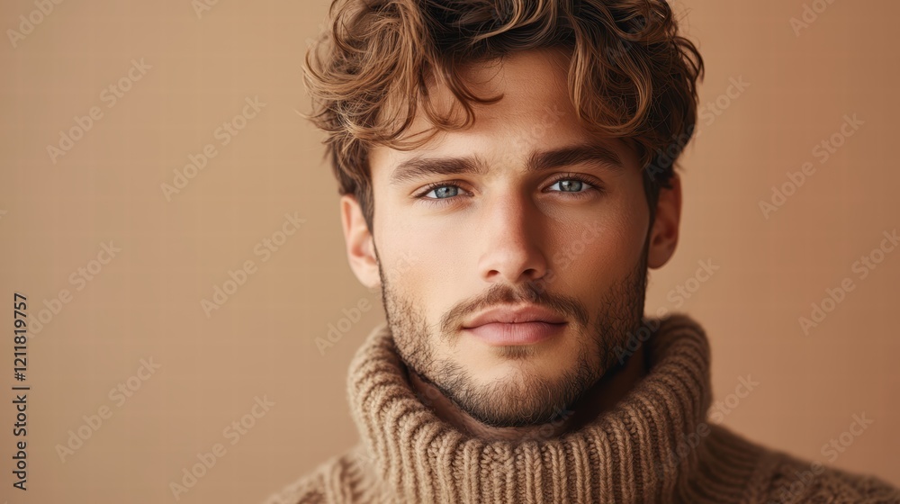 portrait of a young man in mocha mousse warm sweater on the beige background portrait of a young man in mocha mousse warm sweater on the beige background