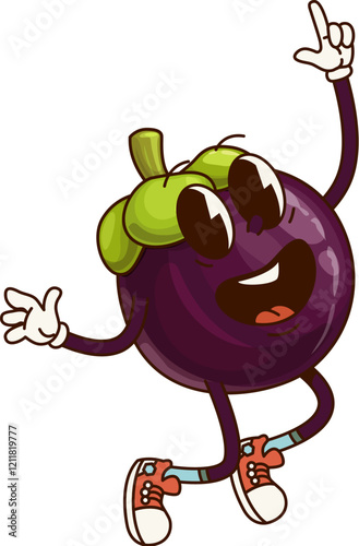 Groovy tropical passion fruit character cheerfully jumping with bright a smile and playful expression. Isolated cartoon vector ripe exotic fruit personage evokes feelings of happiness, healthy vibe