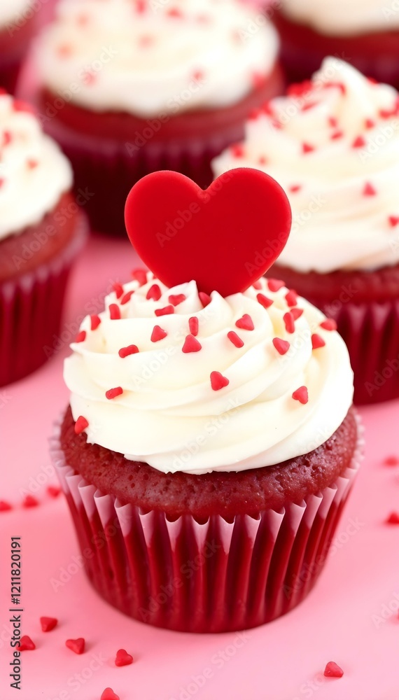 Red velvet cupcake with cream cheese frosting and heart sprinkles on pink background Red velvet cupcake with cream cheese frosting and heart sprinkles on pink background