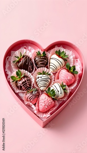 Heart-shaped box of chocolate-dipped strawberries on pink background