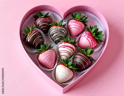 Heart-shaped box of chocolate-covered strawberries on pink background