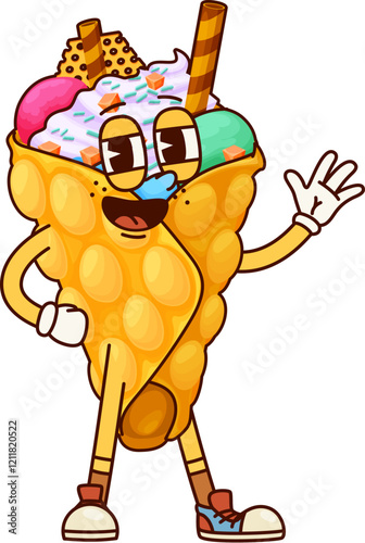 Groovy Hong Kong waffle ice cream character. Takeaway frozen dessert food happy mascot, cafe sweet pastry Hong Kong waffle isolated groovy vector personage. Takeaway dessert food cheerful character