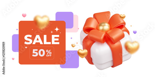 3D promotional poster for a surprise sale. A festive banner template featuring a white gift box adorned with a red ribbon and surrounded by floating hearts.