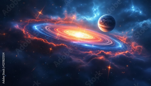Cosmic Dance: A vibrant nebula swirls around a fiery, ringed galaxy, with a serene planet orbiting nearby, creating a breathtaking cosmic ballet.