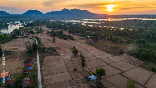Aerial drone fly river landscape at Laotian village, Four Thousand Islands, Laos Scenic Village