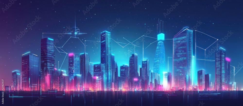 Naklejka premium Neon Cityscape: A Futuristic Metropolis at Night