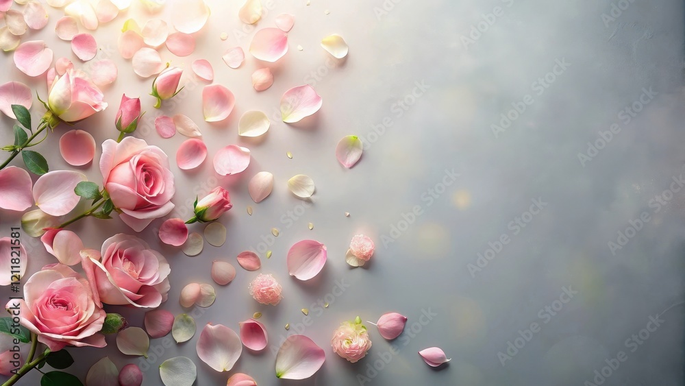 Obraz premium Softly glowing rose petals scattered on a minimalist floral wall background with a subtle gradient effect and delicate greenery , floral wall, flowers