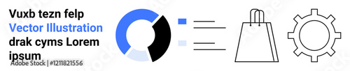 Circular chart split in four colors, vertical shopping bag line drawing, sun gears configuration icon beside text. Ideal for analytics, e-commerce, settings, optimization, business, technology