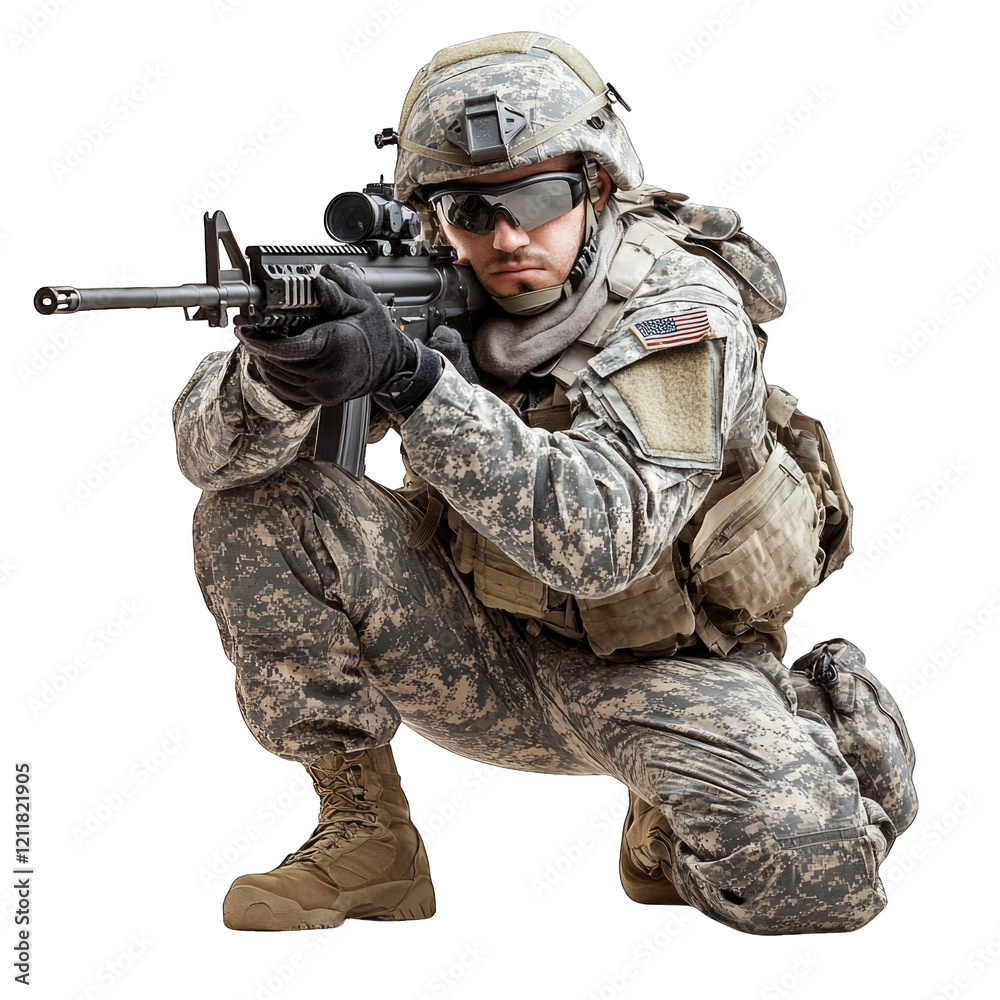 Fototapeta premium Soldier in tactical gear aiming rifle during training exercise isolated on transparent background, PNG