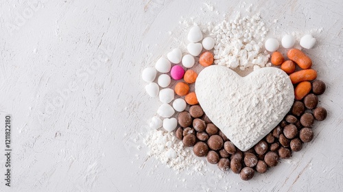 White heart with candy, sprinkles, and powder on a light background; Valentine's Day concept