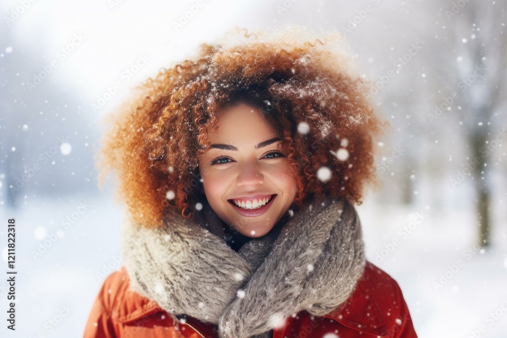 Happy young woman with curly ginger hair smiling under snowflakes, enjoying winter season outdoors Happy young woman with curly ginger hair smiling under snowflakes, enjoying winter season outdoors