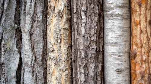 A close-up of various tree trunks in a forest, showcasing the diversity of species and textures photo