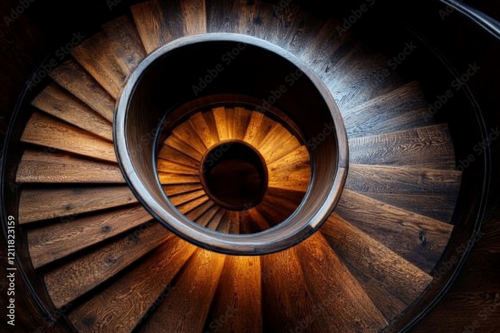 Fototapeta premium Spiral wooden staircase illuminated from below in a cozy architectural space