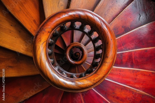 Elegant wooden spiral staircase showcases intricate craftsmanship in a historical building photo