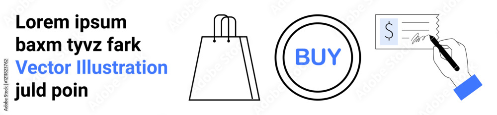 Text placeholder with shopping bag graphic, circular buy button, and hand signing receipt. Ideal for e-commerce, online shopping, retail, transactions, financial services, digital marketing user Text placeholder with shopping bag graphic, circular buy button, and hand signing receipt. Ideal for e-commerce, online shopping, retail, transactions, financial services, digital marketing user