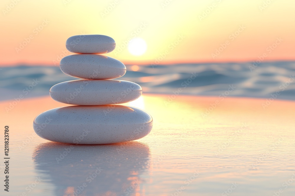 Balanced stones reflect a serene sunset over calm waters at the beach Balanced stones reflect a serene sunset over calm waters at the beach