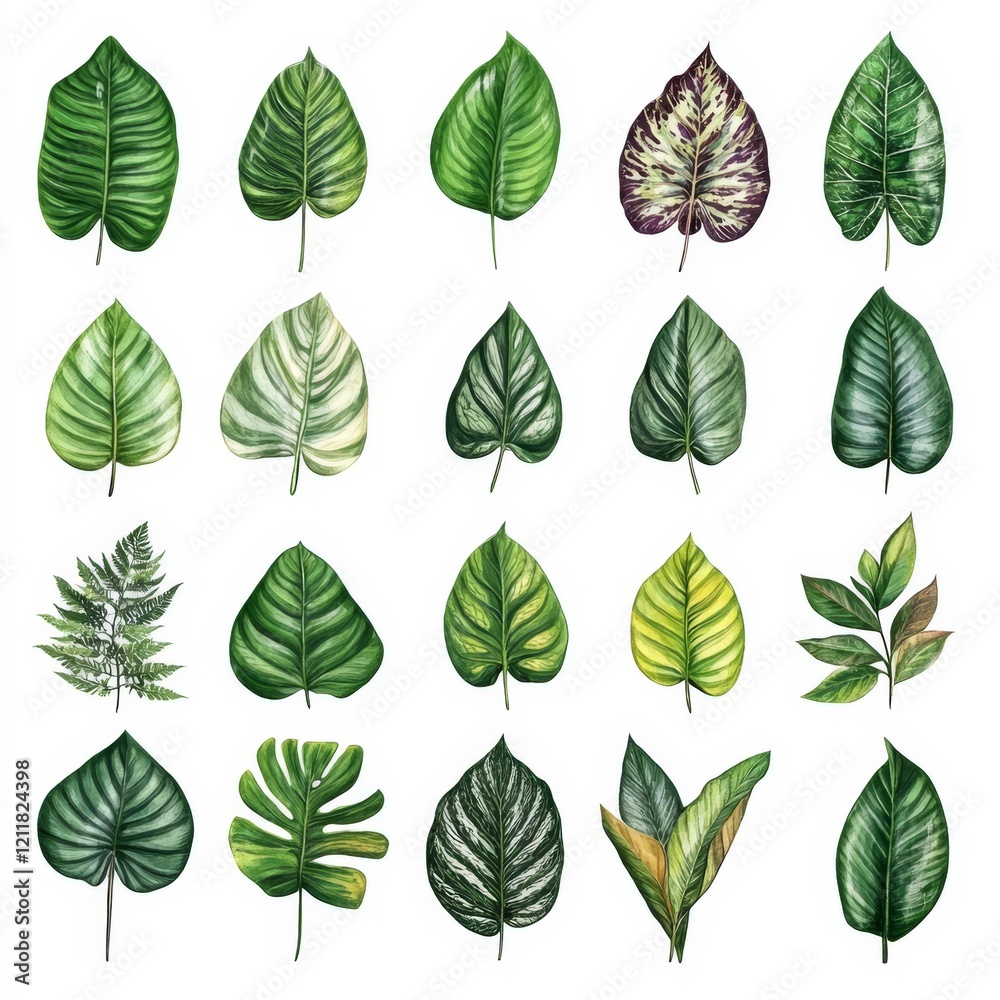 Fototapeta premium Collection of Diverse Green Leaves on White Background