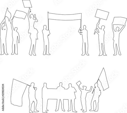 vector sketch, illustration, silhouette design, a group of people giving a speech, carrying out a demonstration using a poster.eps