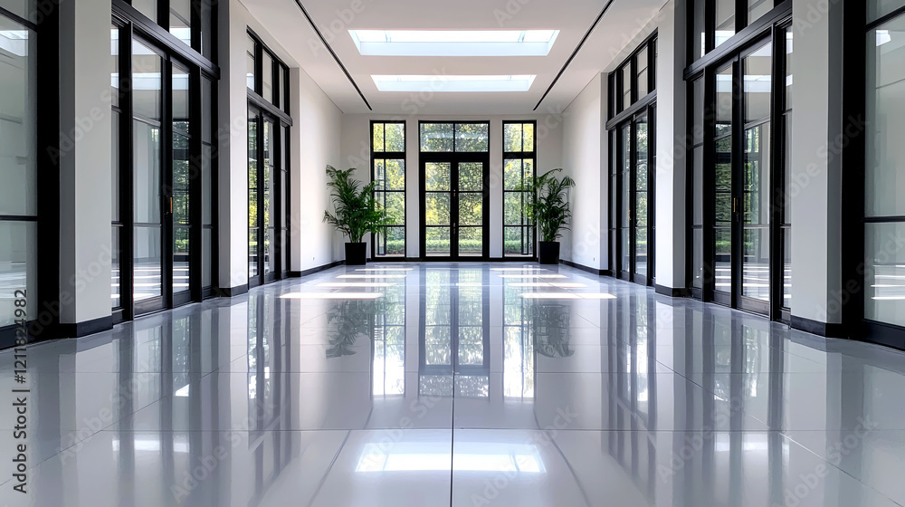 Fototapeta premium Modern Architecture: Luxurious Hallway Interior Design with Stunning Glass Doors and Skylights