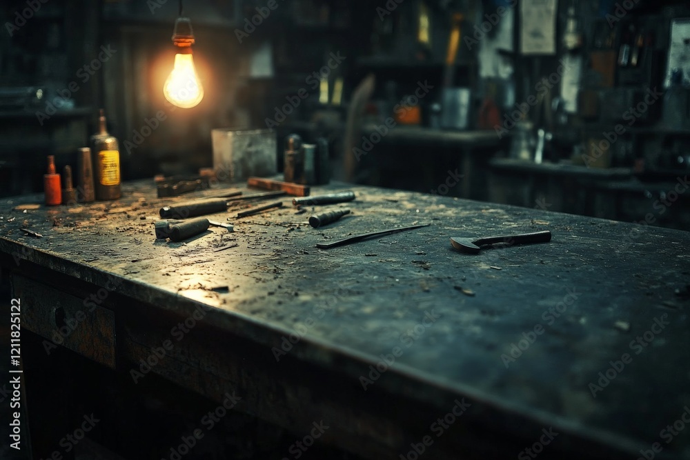 Workbench cluttered with tools and equipment in dimly lit workshop Workbench cluttered with tools and equipment in dimly lit workshop