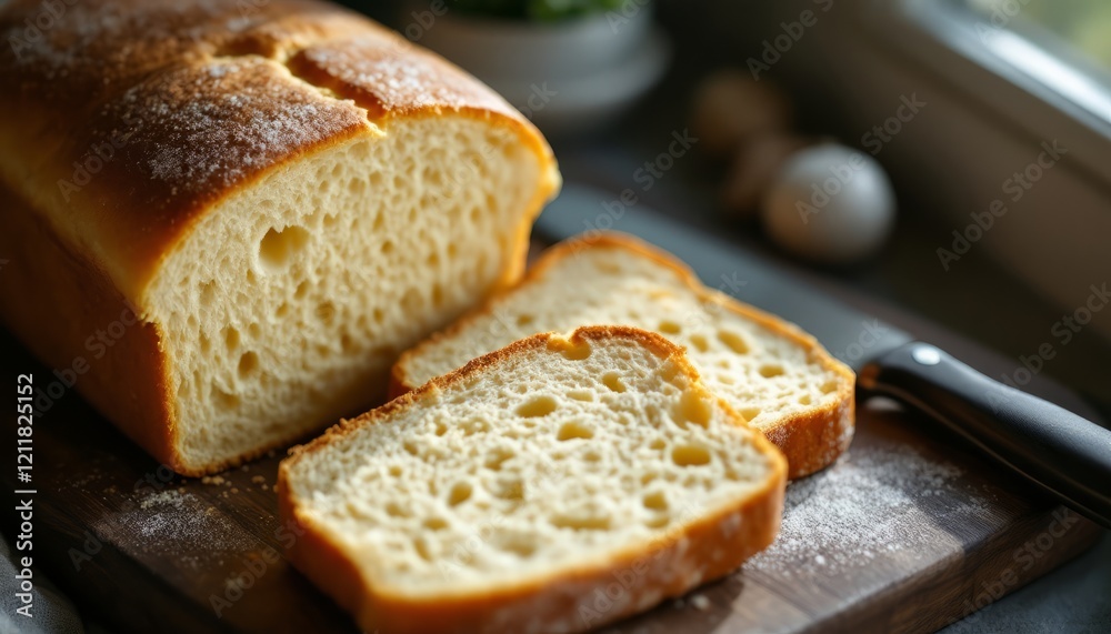 Artisan Loaf of Bread: A freshly baked loaf of artisan bread, its crust golden and slightly crisp, sits on a wooden cutting board with two slices ready to be enjoyed. The crumb is light and airy. Artisan Loaf of Bread: A freshly baked loaf of artisan bread, its crust golden and slightly crisp, sits on a wooden cutting board with two slices ready to be enjoyed. The crumb is light and airy.