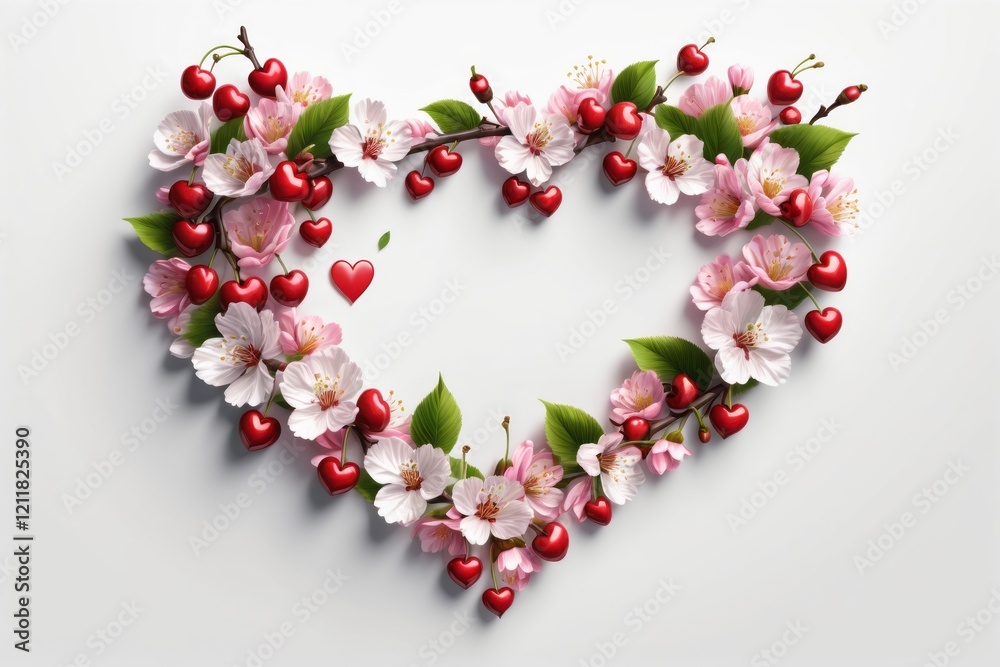 Obraz premium A heart shape made of flowers with pink roses and a romantic floral design perfect for Valentine's Day or a wedding celebration