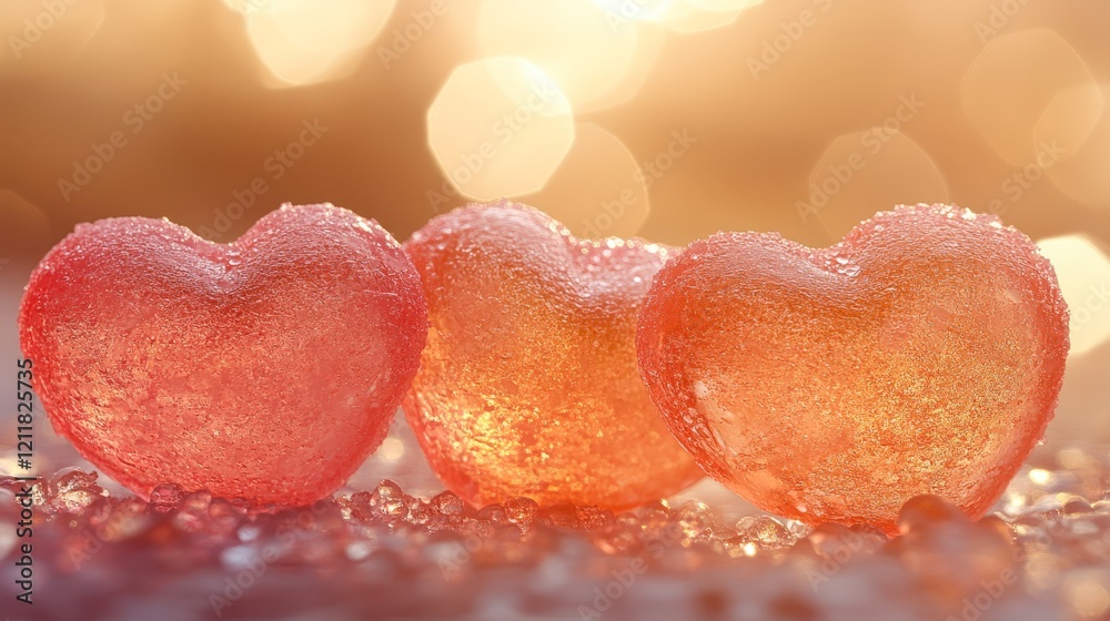 Fototapeta premium Three shimmering heart-shaped ice cubes glisten in soft light, surrounded by sparkling droplets, This image is perfect for themes of love, romance, or special occasions like Valentine's Day,