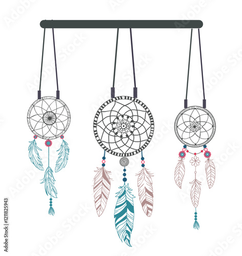 Hand drawn Beautiful set Dreamcatcher with beads and feathers