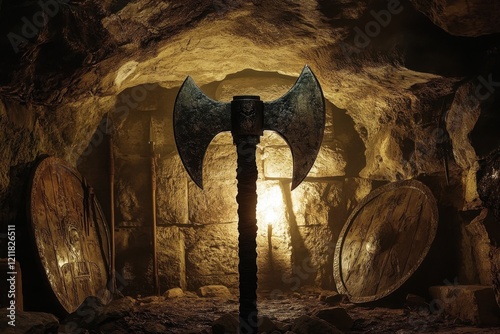 Epic display of a gleaming doublebladed battle axe inside a dimly lit ancient cave surrounded by shields enhancing the mystical atmosphere of the historic setting photo