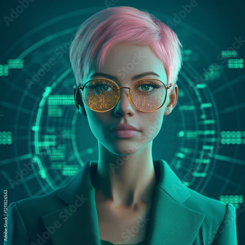 Futuristic digital portrait of a young woman with pink hair and glasses high-tech environment concept art cyberpunk aesthetic close-up view photo