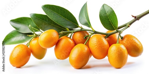 Close-up of ripe kumquats on a tree branch, isolated on white, captured with long exposure.