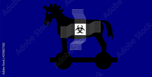 Vector eps illustration of trojan horse malware on blue background, malicious software