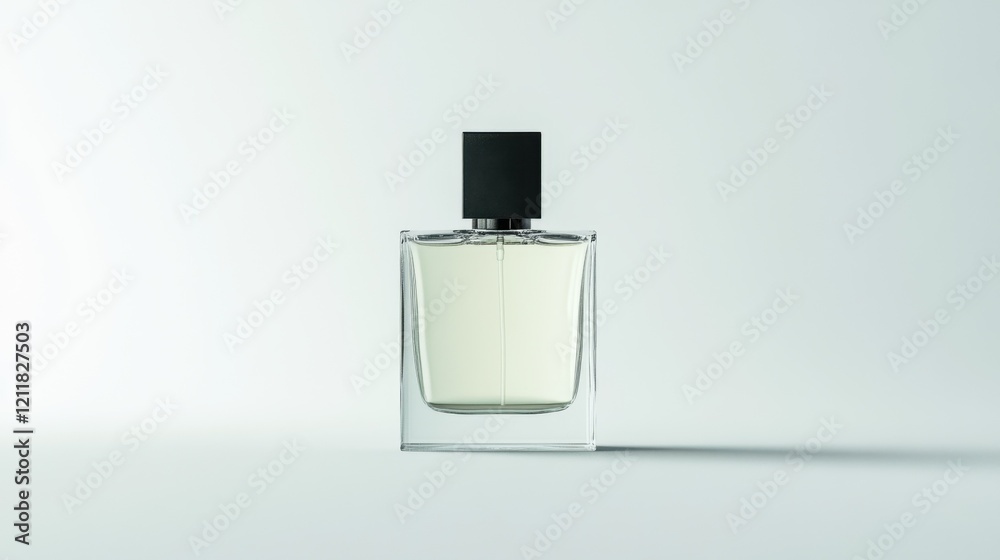 A modern minimalist perfume bottle, rectangular in shape with transparent glass, featuring a sleek black cap and elegant typography, on a white background. A modern minimalist perfume bottle, rectangular in shape with transparent glass, featuring a sleek black cap and elegant typography, on a white background.