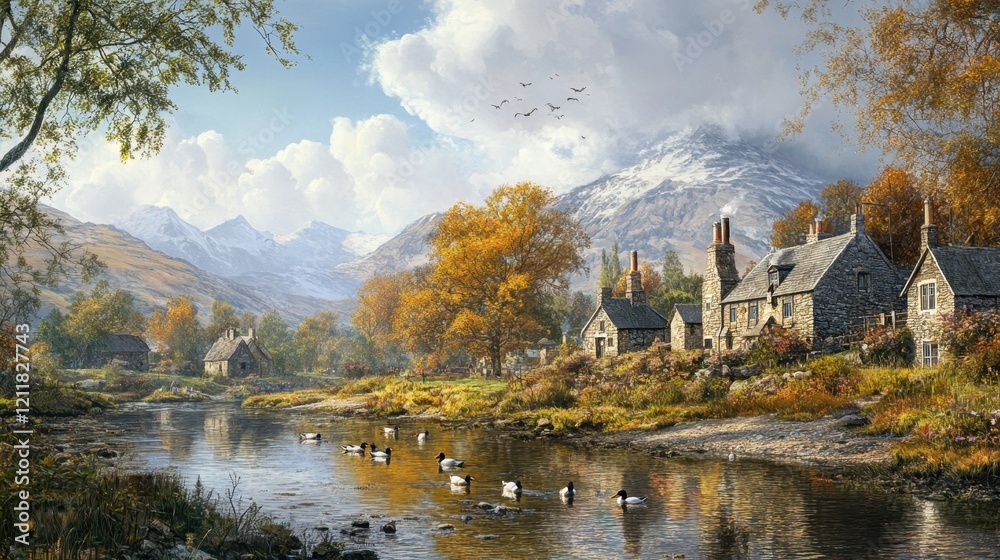 Fototapeta premium A peaceful village scene with a cluster of riverside homes, ducks swimming in the river, and mountains in the distance.