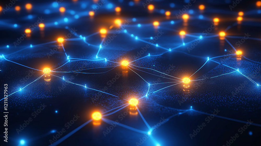 Obraz premium Futuristic Digital Network Glowing Nodes on a Blue Background