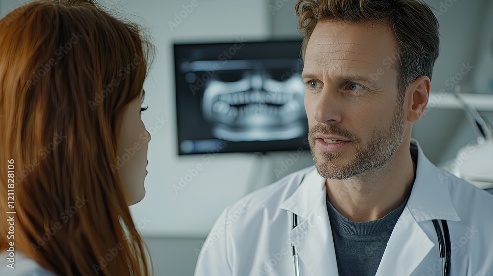 A dynamic scene of a dentist consulting with a patient, emphasizing empathy and professionalism A dynamic scene of a dentist consulting with a patient, emphasizing empathy and professionalism