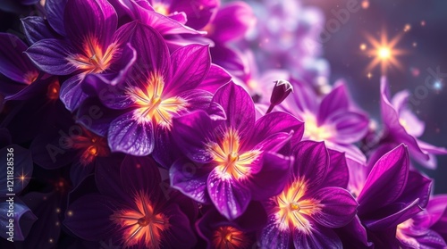 Vibrant purple flowers bloom under a celestial light in a mystical garden filled with enchantment and beauty