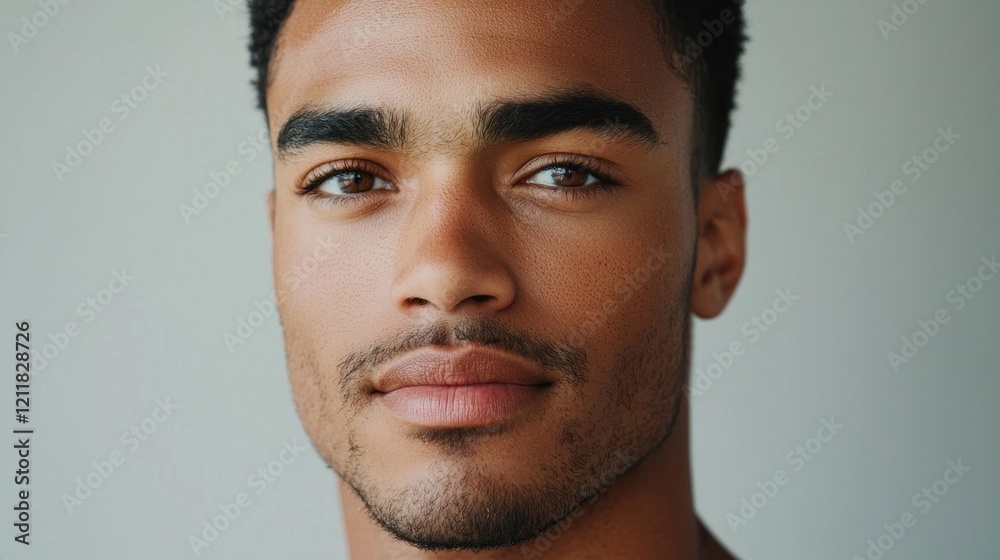 In a vibrant, minimalist backdrop, a confident mixed race individual embodies strength and charisma, with a captivating gaze and subtle smile that invites connection and warmth In a vibrant, minimalist backdrop, a confident mixed race individual embodies strength and charisma, with a captivating gaze and subtle smile that invites connection and warmth